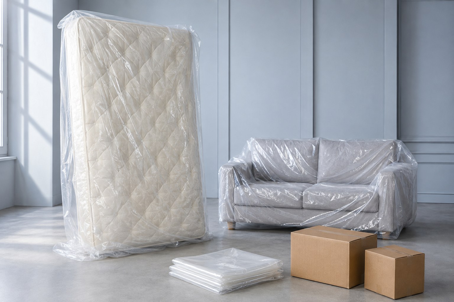 Concept scene of a mattress and sofa wrapped in clear protective bags